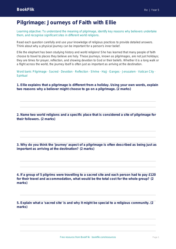 Free Pilgrimage Worksheet | Year 5 Core | BookFlik worksheet preview — Re Pilgrimage