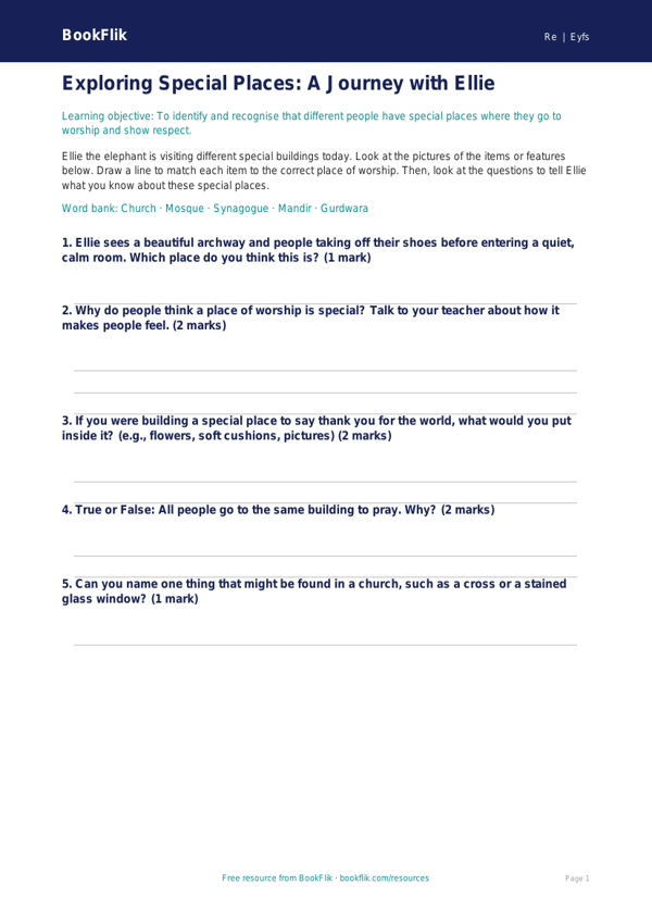 Free Places Of Worship Activity Sheet | EYFS Core | BookFlik worksheet preview — Re Places Of Worship