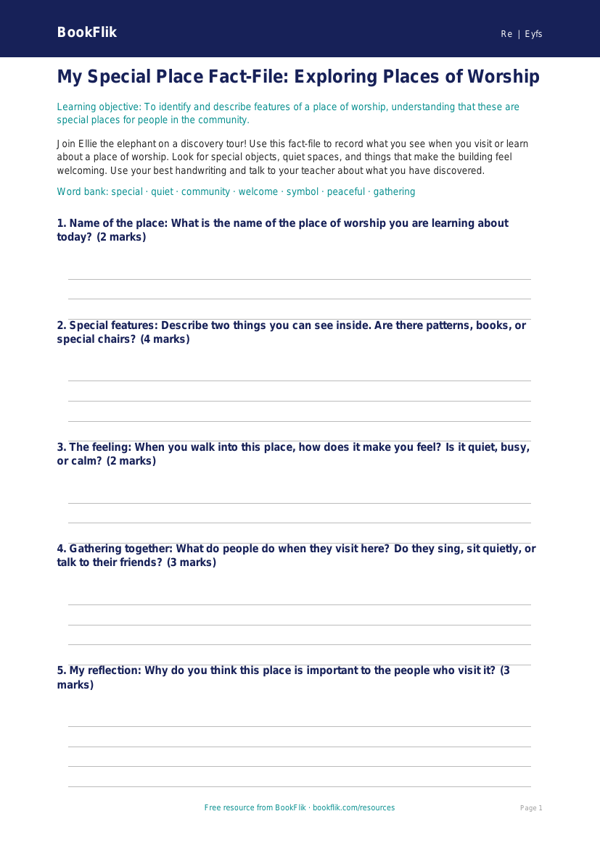 Free Places Of Worship Template | EYFS Core | BookFlik worksheet preview — Re Places Of Worship