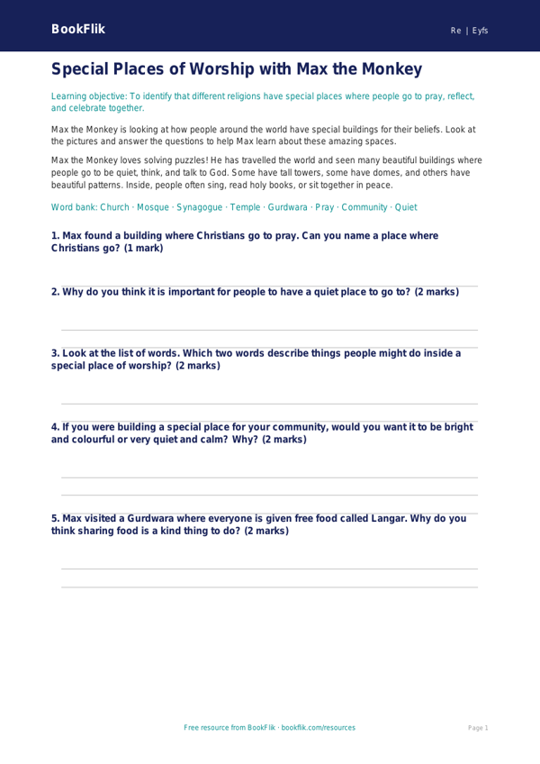 Free Places Of Worship Worksheet | EYFS Core | BookFlik worksheet preview — Re Places Of Worship