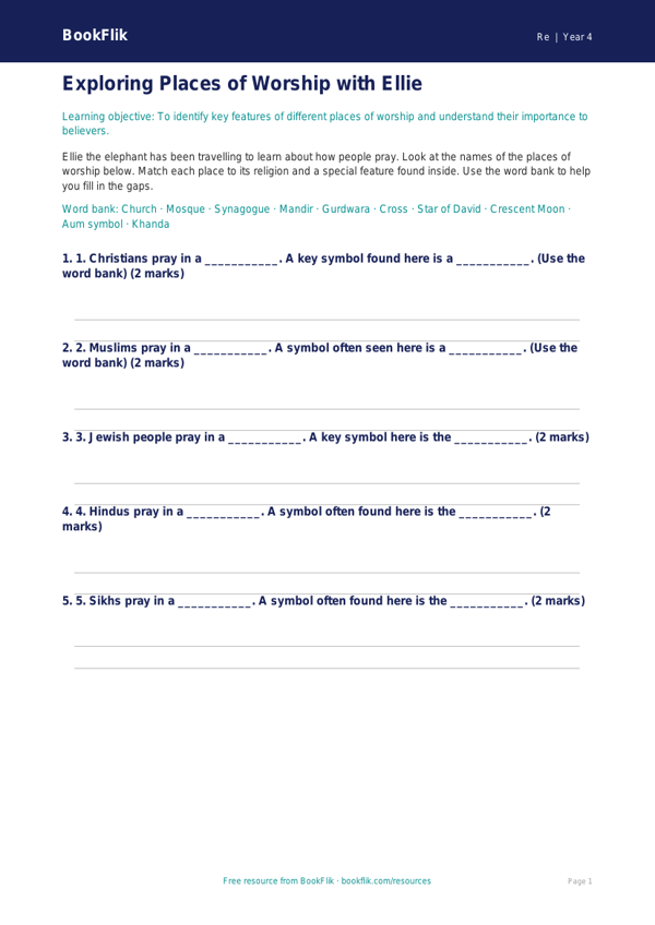 Free Places Of Worship Activity Sheet | Year 4 Supported | BookFlik worksheet preview — Re Places Of Worship