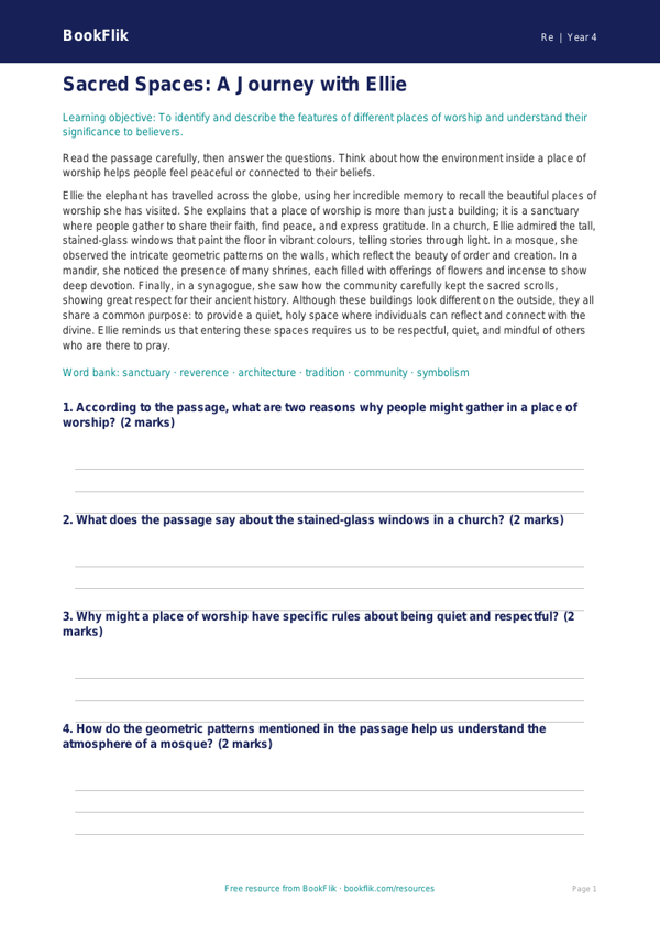Free Places Of Worship Comprehension | Year 4 Greater Depth | BookFlik worksheet preview — Re Places Of Worship