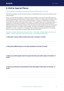 Free Places Of Worship Comprehension | Year 4 Supported | BookFlik