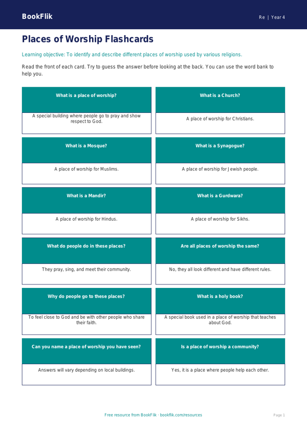 Free Places Of Worship Flashcards | Year 4 Supported | BookFlik worksheet preview — Re Places Of Worship