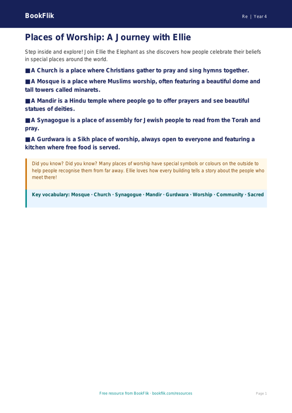 Free Places Of Worship Poster | Year 4 Supported | BookFlik worksheet preview — Re Places Of Worship