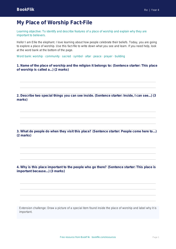 Free Places Of Worship Template | Year 4 Supported | BookFlik worksheet preview — Re Places Of Worship