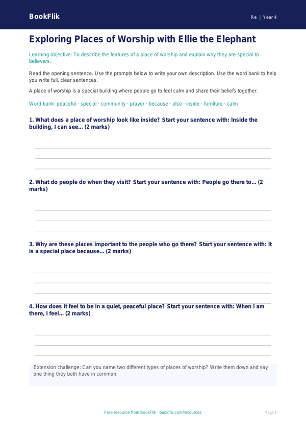 Free Places Of Worship Writing Frame | Year 4 Supported | BookFlik worksheet preview — Re Places Of Worship