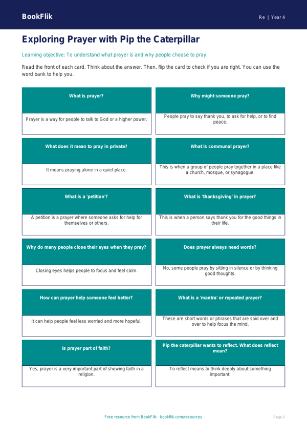 Free Prayer Flashcards | Year 4 Supported | BookFlik worksheet preview — Re Prayer
