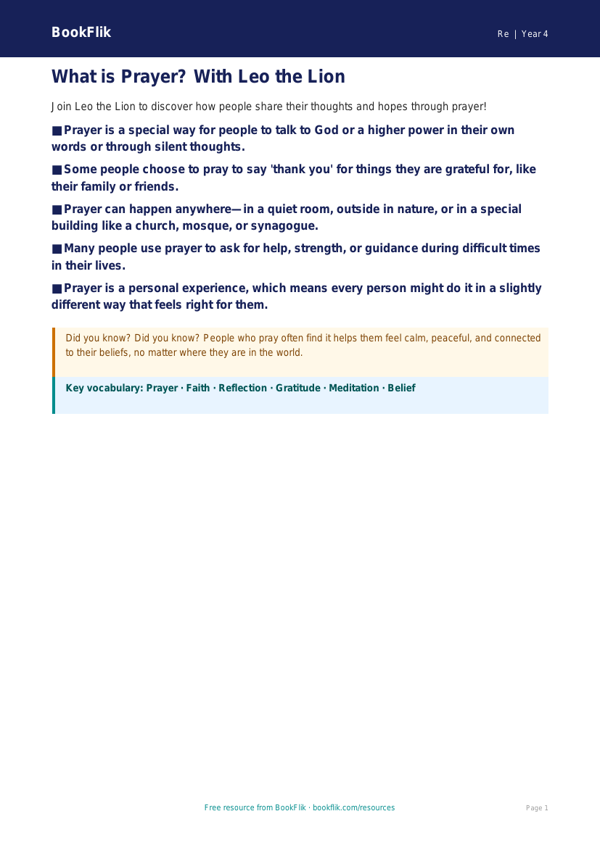 Free Prayer Poster | Year 4 Supported | BookFlik worksheet preview — Re Prayer