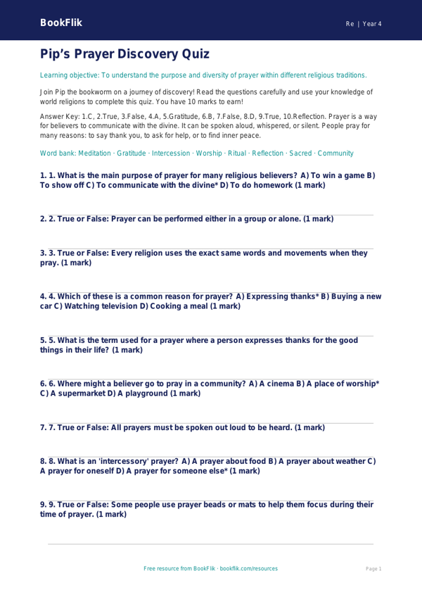 Free Prayer Quiz | Year 4 Greater Depth | BookFlik worksheet preview — Re Prayer