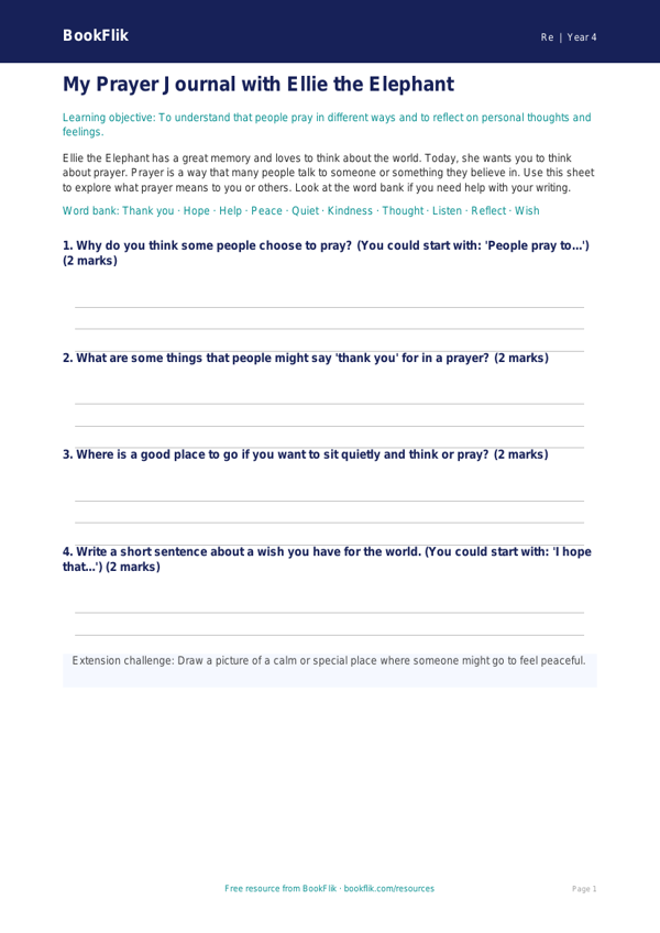 Free Prayer Template | Year 4 Supported | BookFlik worksheet preview — Re Prayer