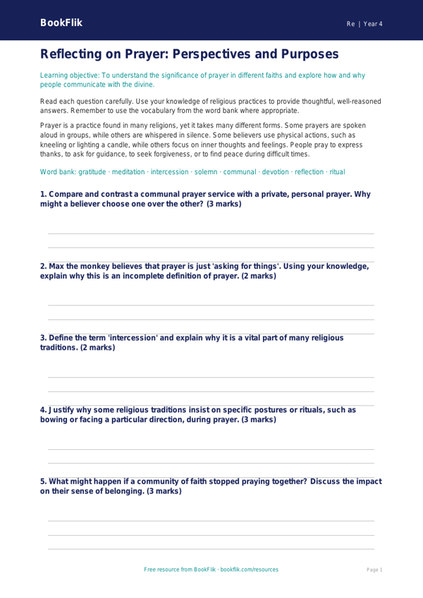 Free Prayer Worksheet | Year 4 Greater Depth | BookFlik worksheet preview — Re Prayer