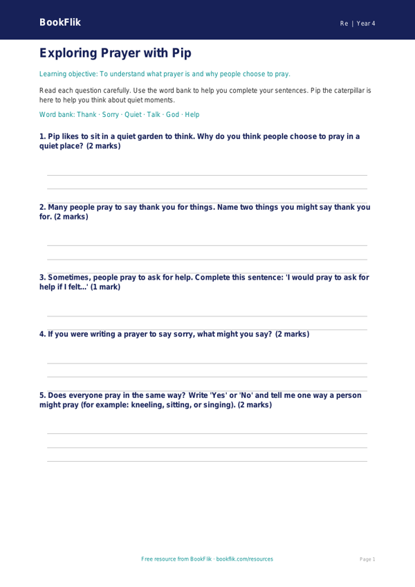 Free Prayer Worksheet | Year 4 Supported | BookFlik worksheet preview — Re Prayer