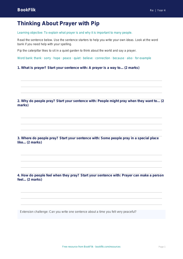 Free Prayer Writing Frame | Year 4 Supported | BookFlik worksheet preview — Re Prayer