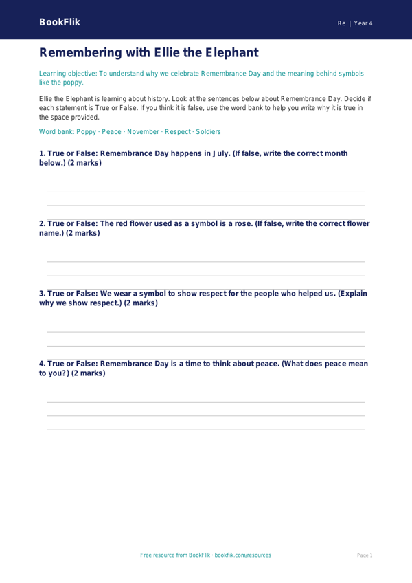 Free Remembrance Day Activity Sheet | Year 4 Supported | BookFlik worksheet preview — Re Remembrance Day