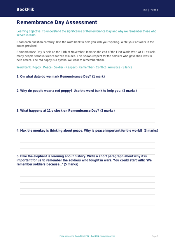 Free Remembrance Day Assessment | Year 4 Supported | BookFlik worksheet preview — Re Remembrance Day