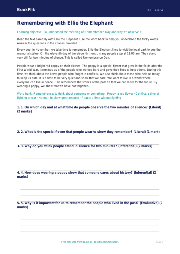 Free Remembrance Day Comprehension | Year 4 Supported | BookFlik worksheet preview — Re Remembrance Day