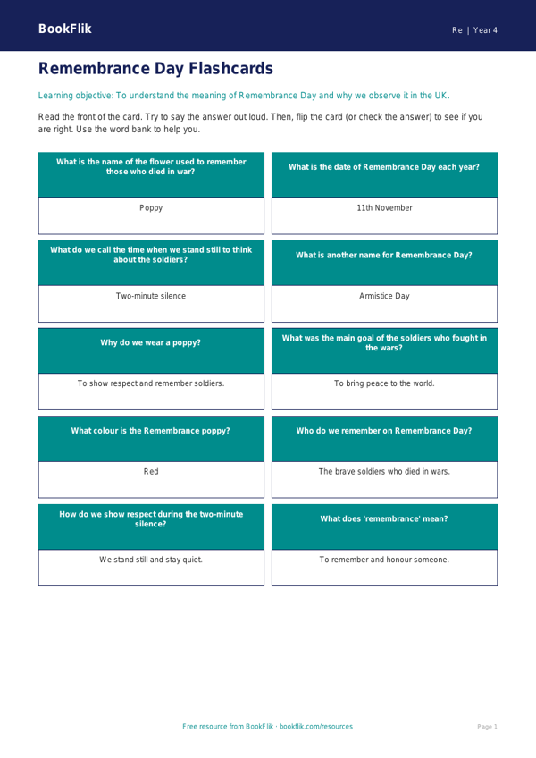 Free Remembrance Day Flashcards | Year 4 Supported | BookFlik worksheet preview — Re Remembrance Day