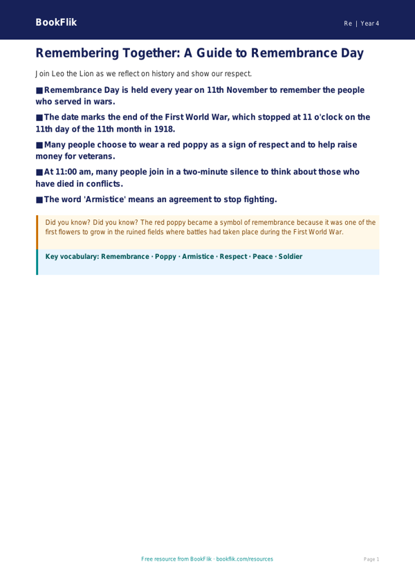 Free Remembrance Day Poster | Year 4 Supported | BookFlik worksheet preview — Re Remembrance Day