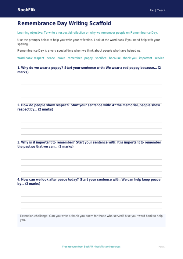 Free Remembrance Day Writing Frame | Year 4 Supported | BookFlik worksheet preview — Re Remembrance Day
