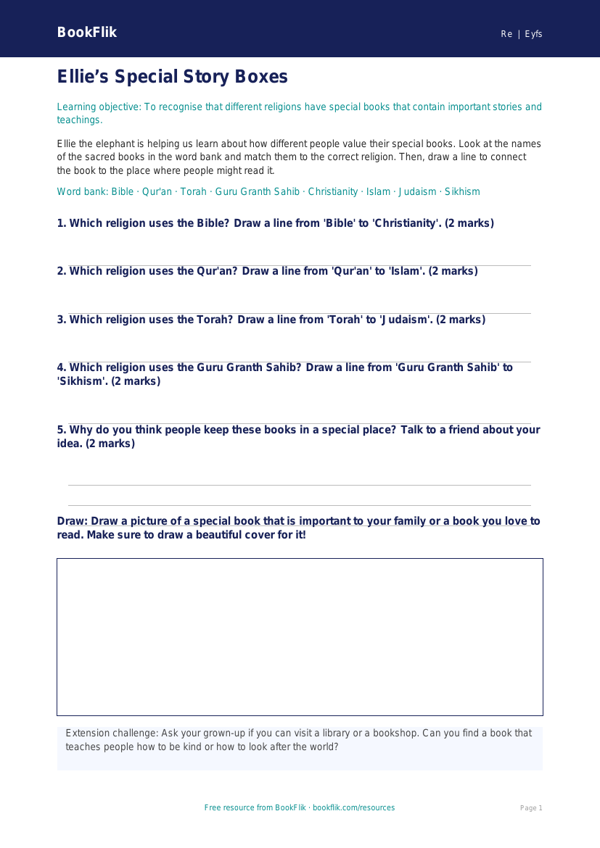Free Sacred Texts Activity Sheet | EYFS Core | BookFlik worksheet preview — Re Sacred Texts