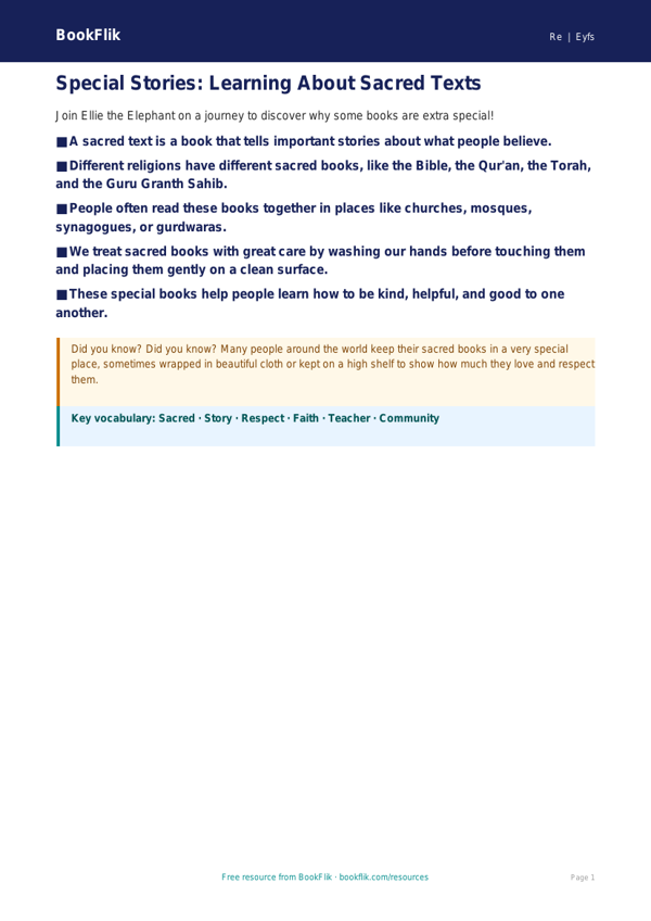 Free Sacred Texts Poster | EYFS Core | BookFlik worksheet preview — Re Sacred Texts