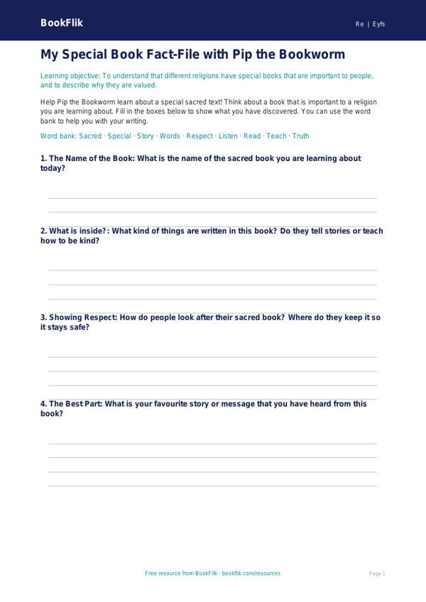 Free Sacred Texts Template | EYFS Core | BookFlik worksheet preview — Re Sacred Texts