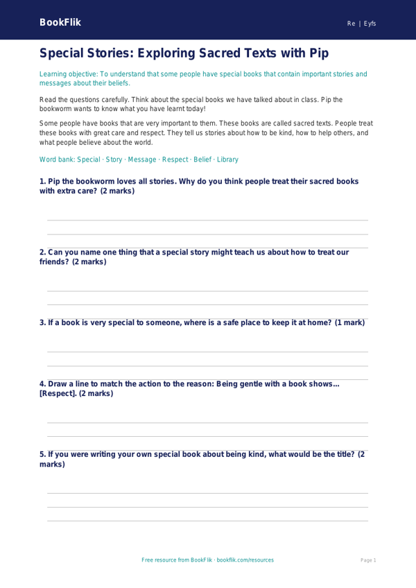 Free Sacred Texts Worksheet | EYFS Core | BookFlik worksheet preview — Re Sacred Texts