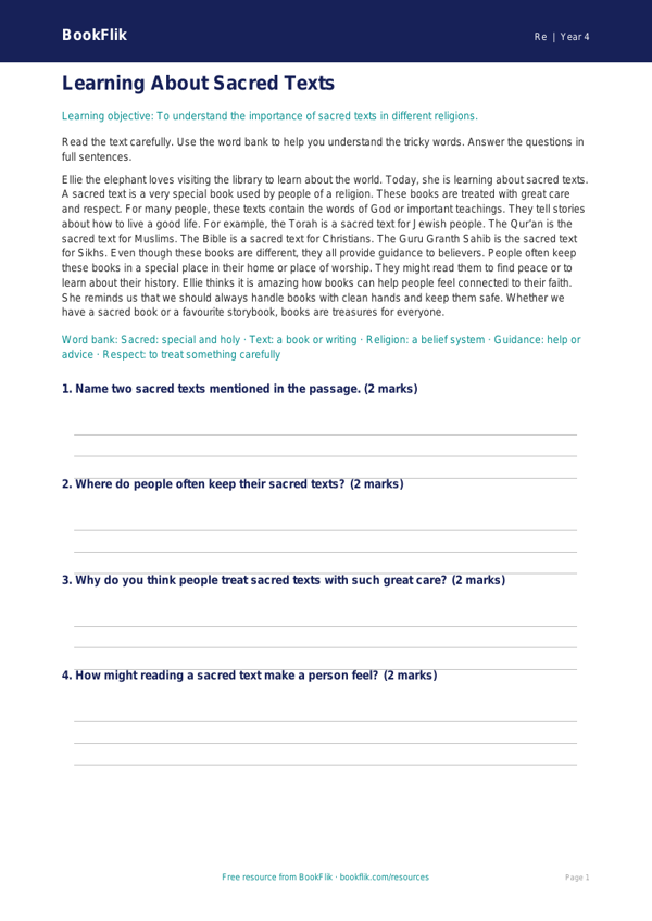 Free Sacred Texts Comprehension | Year 4 Supported | BookFlik worksheet preview — Re Sacred Texts