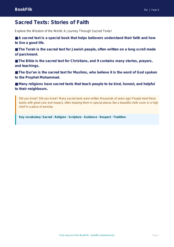 Free Sacred Texts Poster | Year 4 Supported | BookFlik worksheet preview — Re Sacred Texts