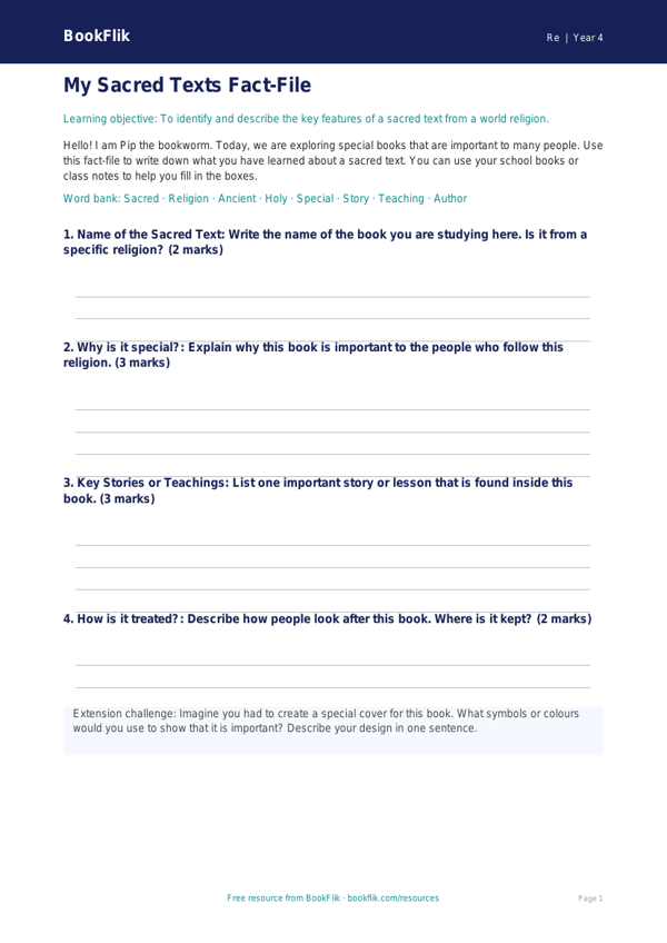 Free Sacred Texts Template | Year 4 Supported | BookFlik worksheet preview — Re Sacred Texts