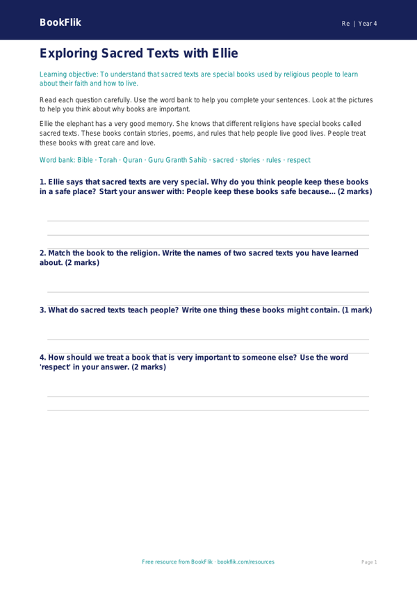 Free Sacred Texts Worksheet | Year 4 Supported | BookFlik worksheet preview — Re Sacred Texts