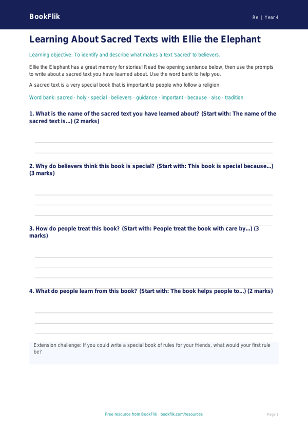 Free Sacred Texts Writing Frame | Year 4 Supported | BookFlik worksheet preview — Re Sacred Texts
