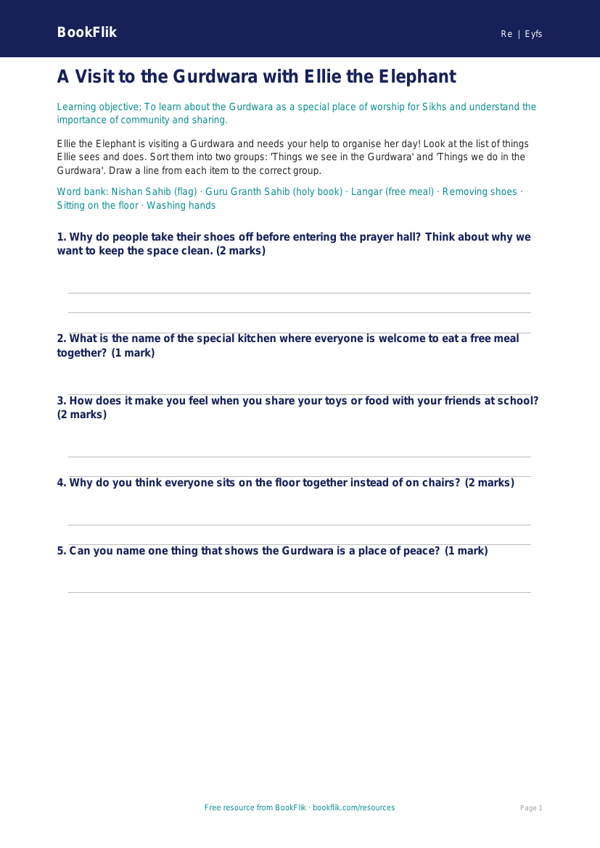 Free Sikhism Activity Sheet | EYFS Core | BookFlik worksheet preview — Re Sikhism