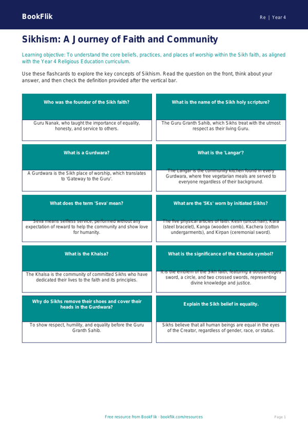 Free Sikhism Flashcards | Year 4 Greater Depth | BookFlik worksheet preview — Re Sikhism
