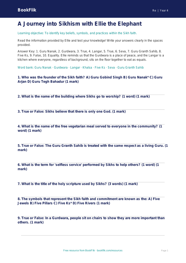 Free Sikhism Quiz | Year 4 Greater Depth | BookFlik worksheet preview — Re Sikhism