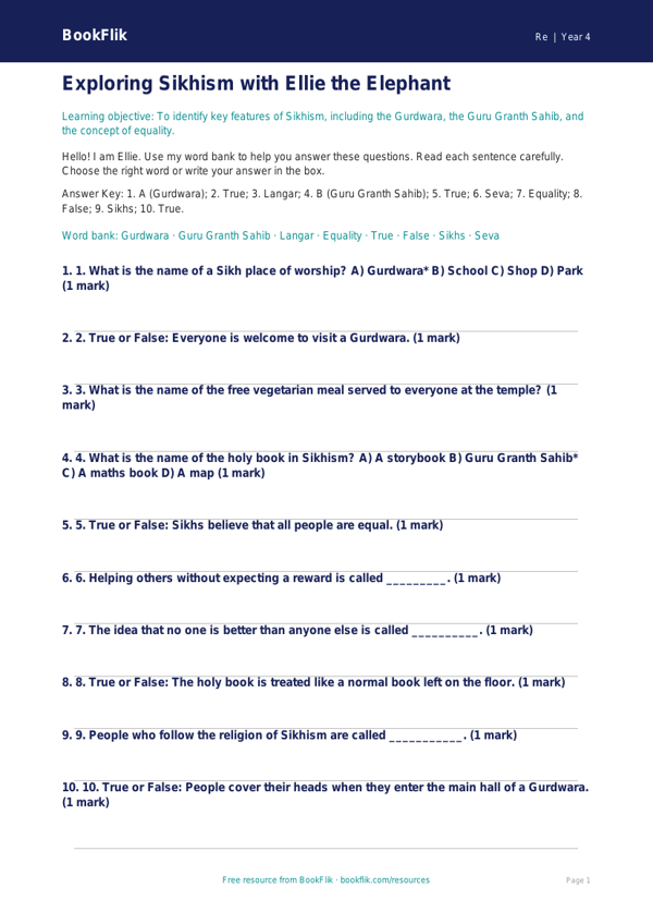 Free Sikhism Quiz | Year 4 Supported | BookFlik worksheet preview — Re Sikhism