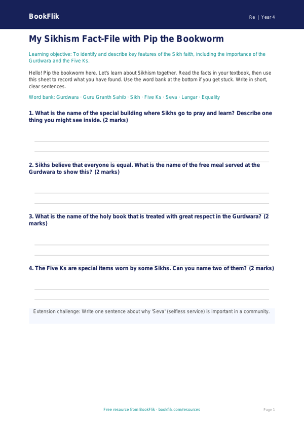 Free Sikhism Template | Year 4 Supported | BookFlik worksheet preview — Re Sikhism