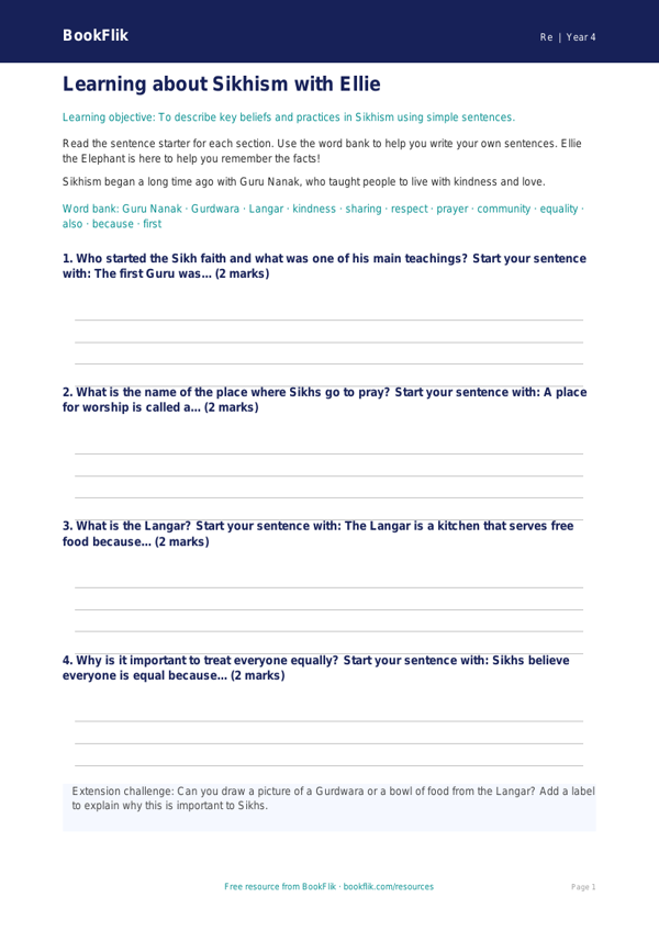 Free Sikhism Writing Frame | Year 4 Supported | BookFlik worksheet preview — Re Sikhism