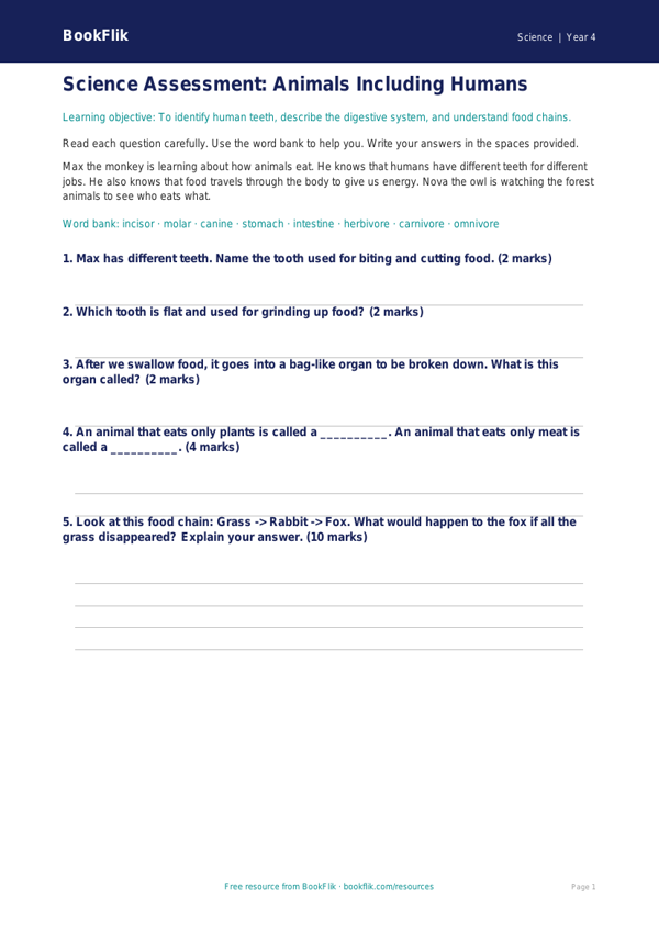 Free Animals Including Humans Assessment | Year 4 Supported | BookFlik worksheet preview — Science Animals Including Humans