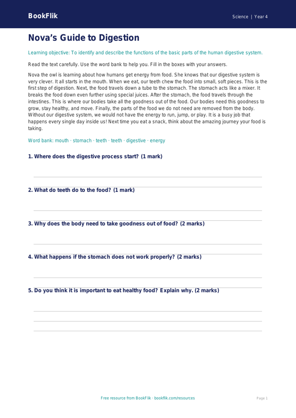 Free Animals Including Humans Comprehension | Year 4 Supported | BookFlik worksheet preview — Science Animals Including Humans