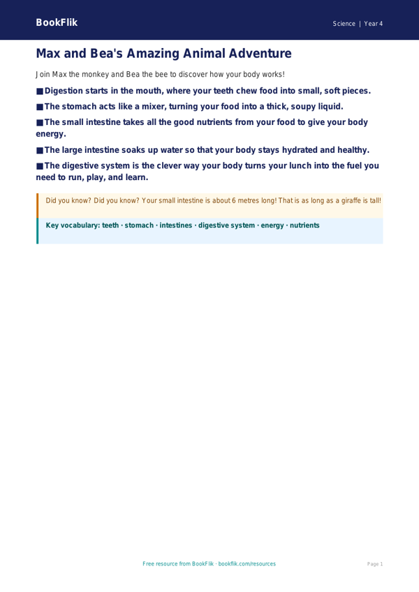 Free Animals Including Humans Poster | Year 4 Supported | BookFlik worksheet preview — Science Animals Including Humans