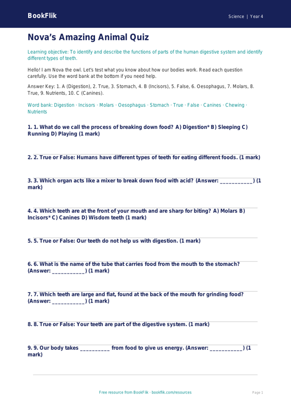 Free Animals Including Humans Quiz | Year 4 Supported | BookFlik worksheet preview — Science Animals Including Humans