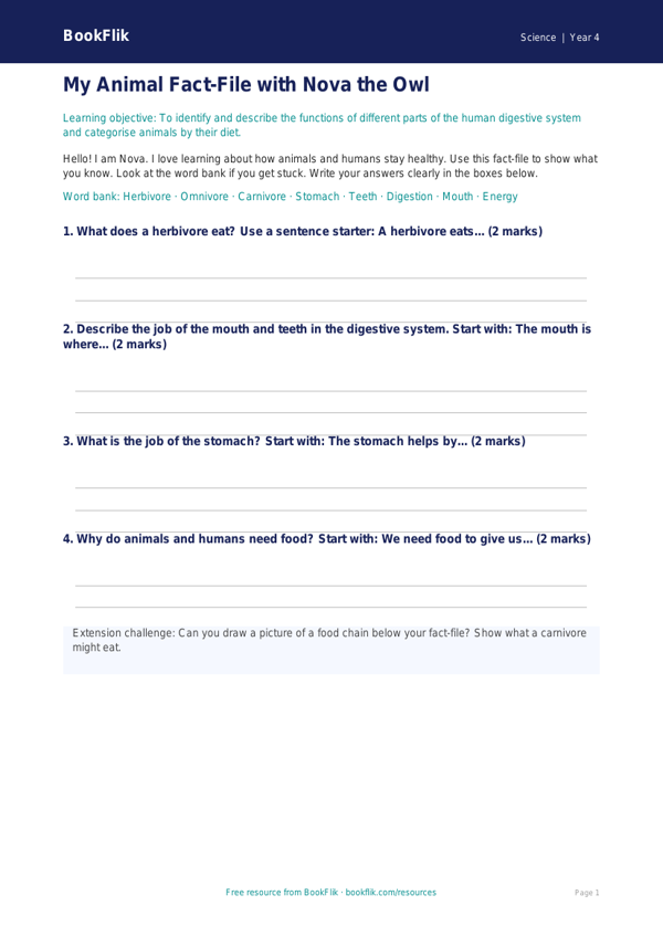 Free Animals Including Humans Template | Year 4 Supported | BookFlik worksheet preview — Science Animals Including Humans