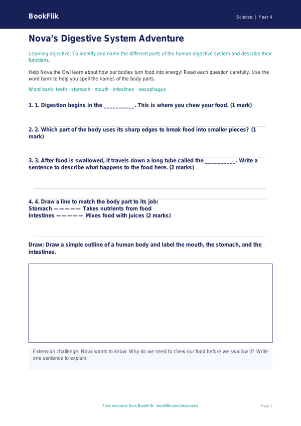 Free Animals Including Humans Worksheet | Year 4 Supported | BookFlik worksheet preview — Science Animals Including Humans
