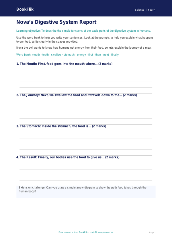Free Animals Including Humans Writing Frame | Year 4 Supported | BookFlik worksheet preview — Science Animals Including Humans