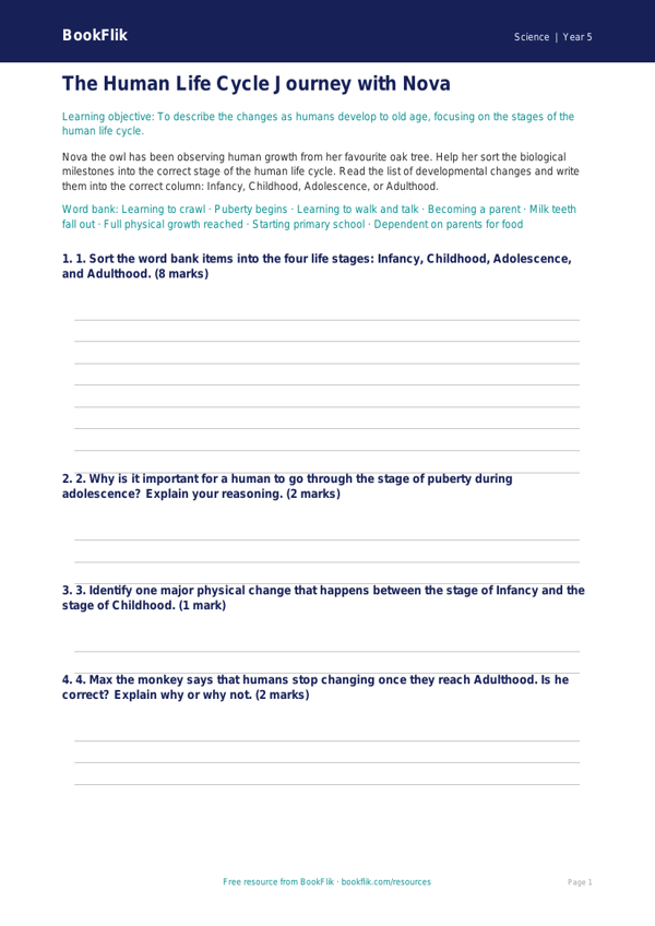 Free Animals Including Humans Activity Sheet | Year 5 Core | BookFlik worksheet preview — Science Animals Including Humans