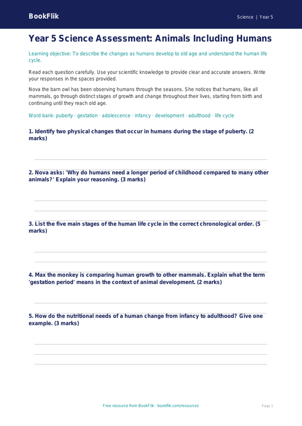 Free Animals Including Humans Assessment | Year 5 Core | BookFlik worksheet preview — Science Animals Including Humans