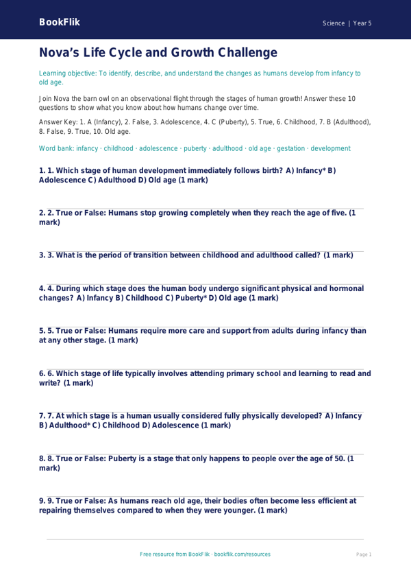 Free Animals Including Humans Quiz | Year 5 Core | BookFlik worksheet preview — Science Animals Including Humans