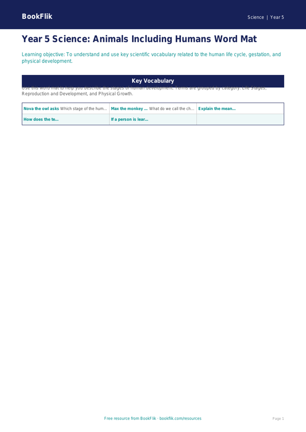 Free Animals Including Humans Word Mat | Year 5 Core | BookFlik worksheet preview — Science Animals Including Humans